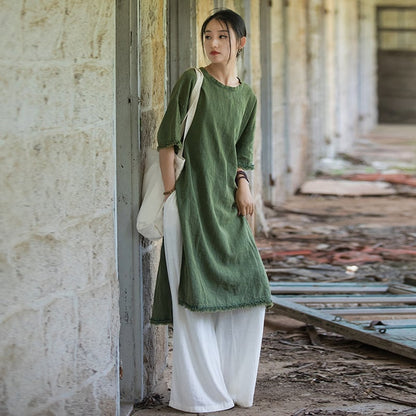 Ramie Sand Fried Zen Robe Half-Length Sleeve Dress