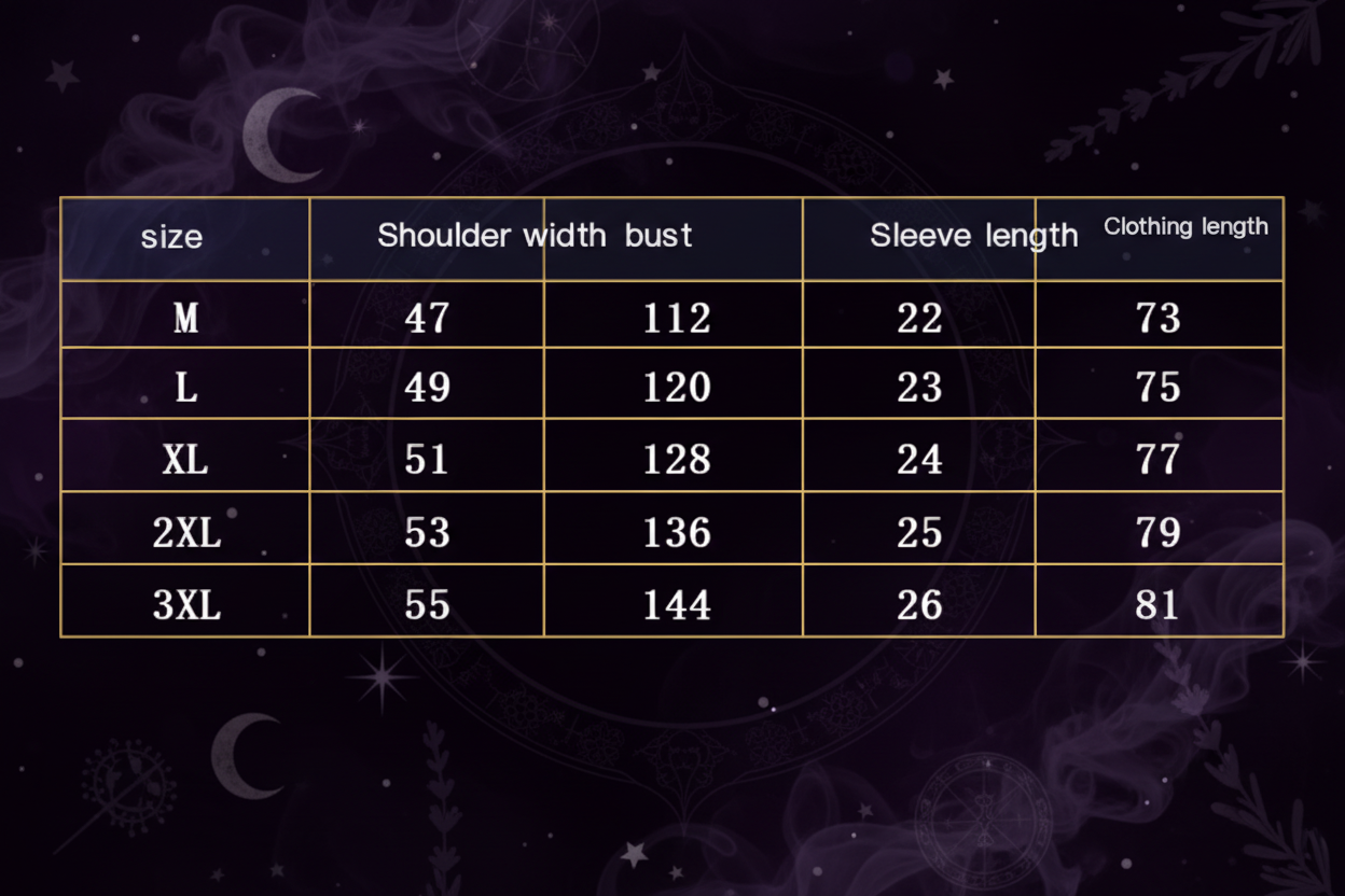 Table showing size chart for shoulder width, bust, sleeve length, and clothing length.