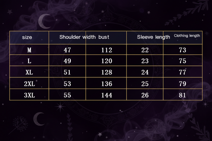 Table showing size chart for shoulder width, bust, sleeve length, and clothing length.