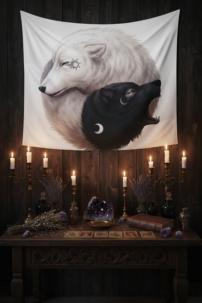 Yin Yang Wolf Tapestry with Digital Print Design Sorceress Sanctuary