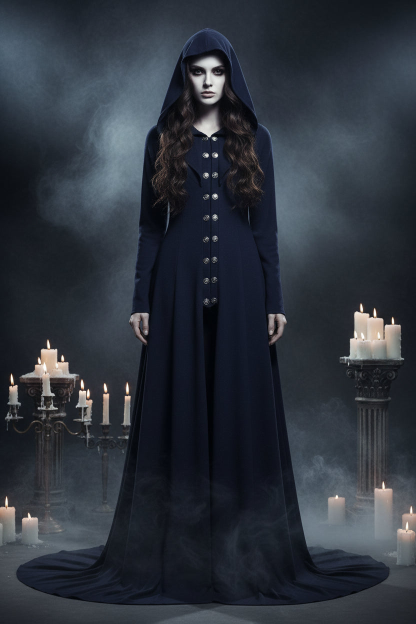 Navy blue hooded coat on a white background