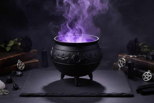 Halloween-themed light-up cauldron with colorful LED lights and a plug on a white background.