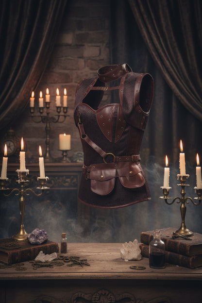 Brown leather corset with straps and a pouch on a white background