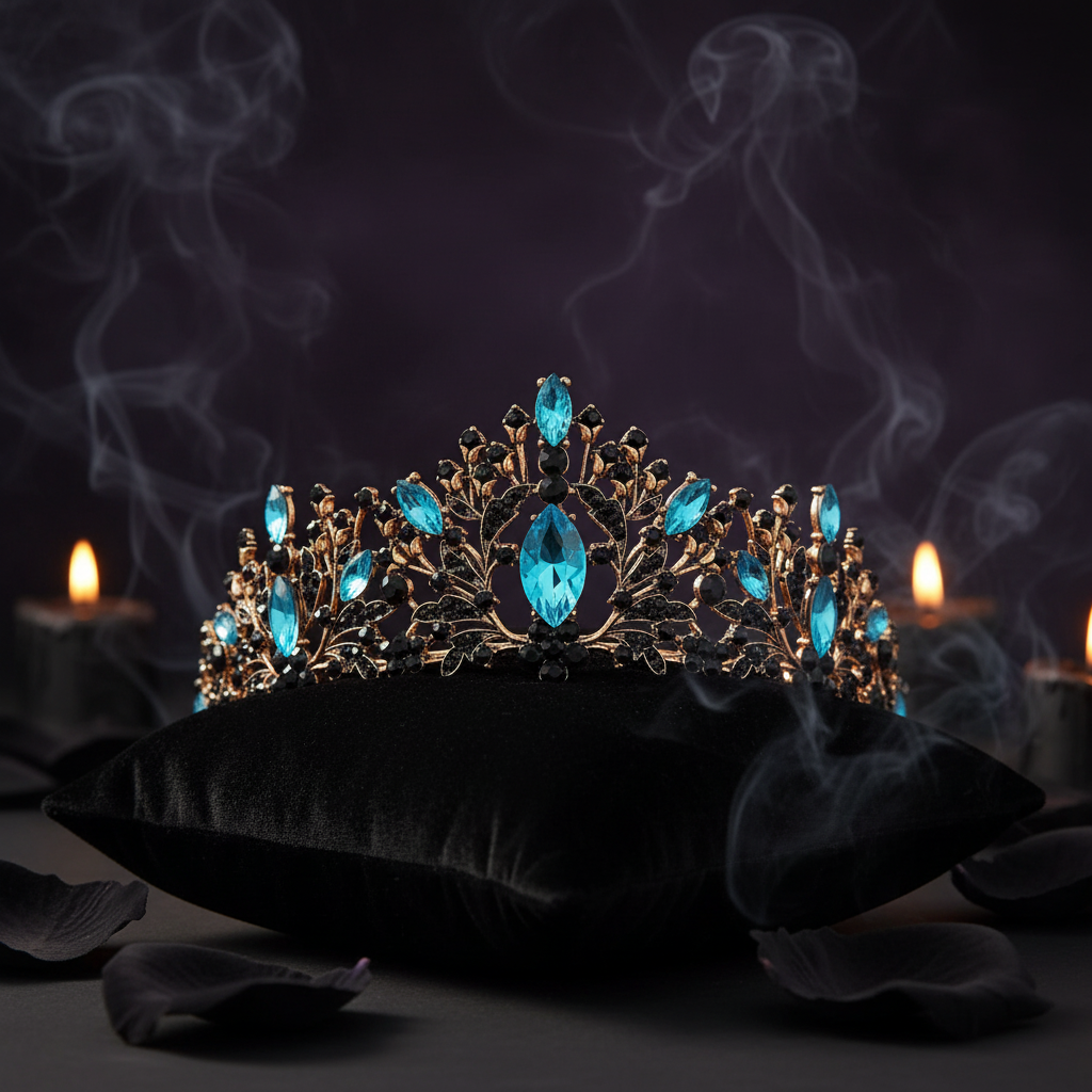 Decorative tiara with blue and black gemstones on a pink surface