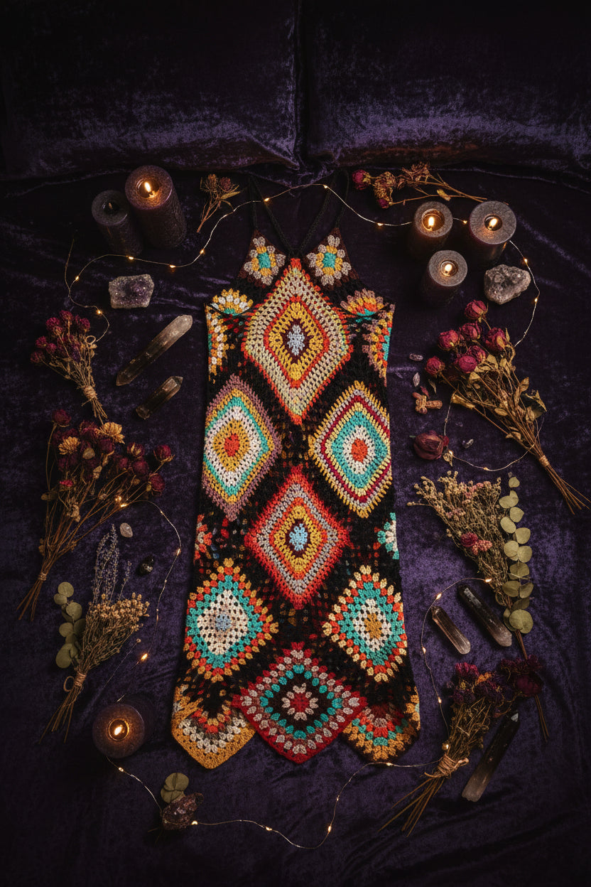 Colorful crochet dress on a wooden hanger against a white background
