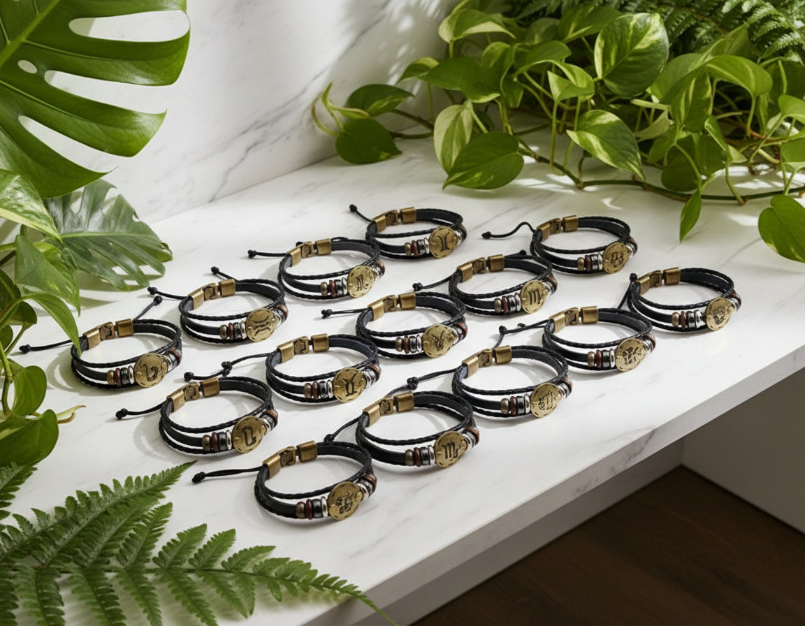 Set of twelve black leather bracelets with gold and bronze accents on a white background
