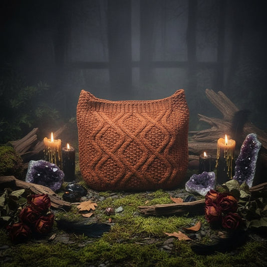 Brown knitted bag on a white surface with a magazine underneath