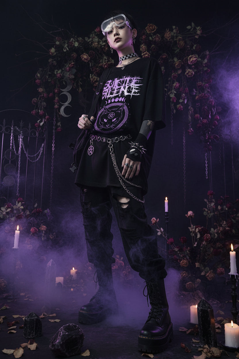 Person wearing a black t-shirt with 'Suicide Silence' design and a black cat illustration.