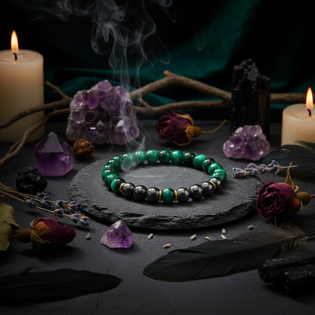 Green and black beaded bracelet on a white background