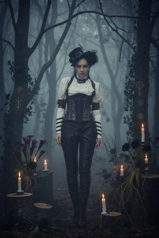 Person wearing a steampunk outfit with a hat and corset in front of a brick wall.