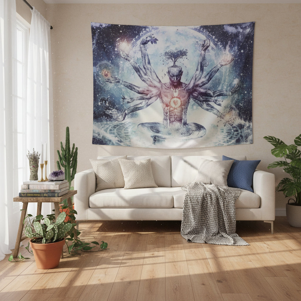 Tapestry with a mystical design of a multi-armed figure in a living room.