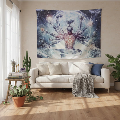 Tapestry with a mystical design of a multi-armed figure in a living room.