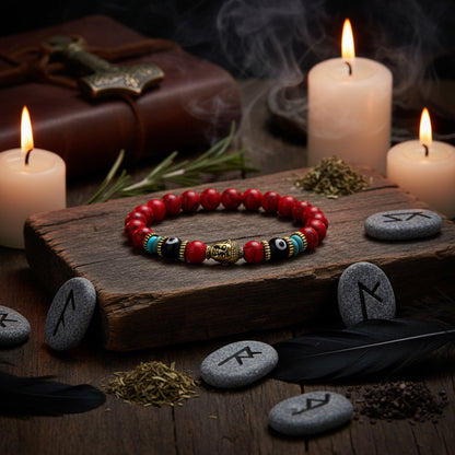 Red beaded bracelet with gold Buddha figure and black and blue beads on a white background