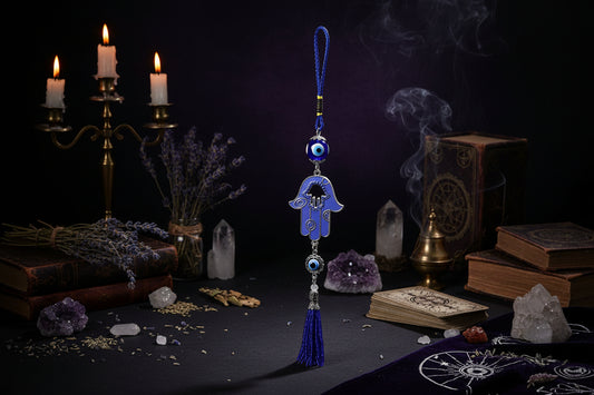 Blue Eye Fatima Hand Tassel Keychain with Evil Eye Sorceress Sanctuary