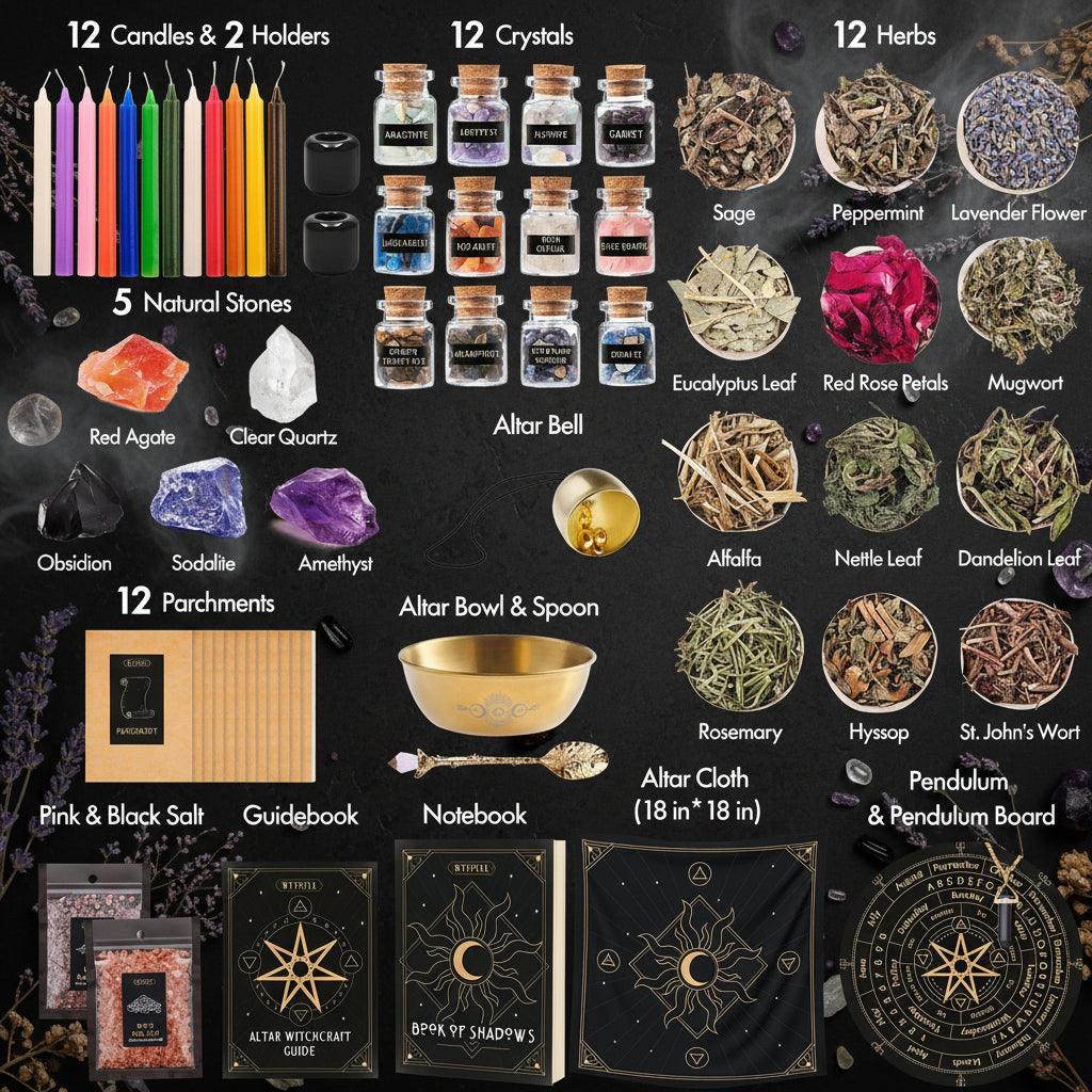 Witchcraft supplies including candles, crystals, herbs, stones, and tools on a white background.