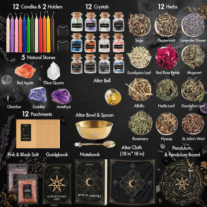 Witchcraft supplies including candles, crystals, herbs, stones, and tools on a white background.