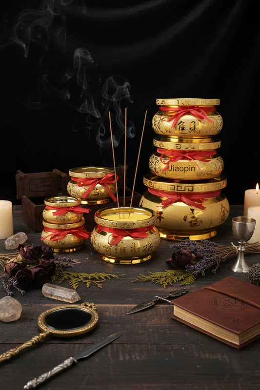 Set of ceramic incense burners with red ribbons on a wooden surface