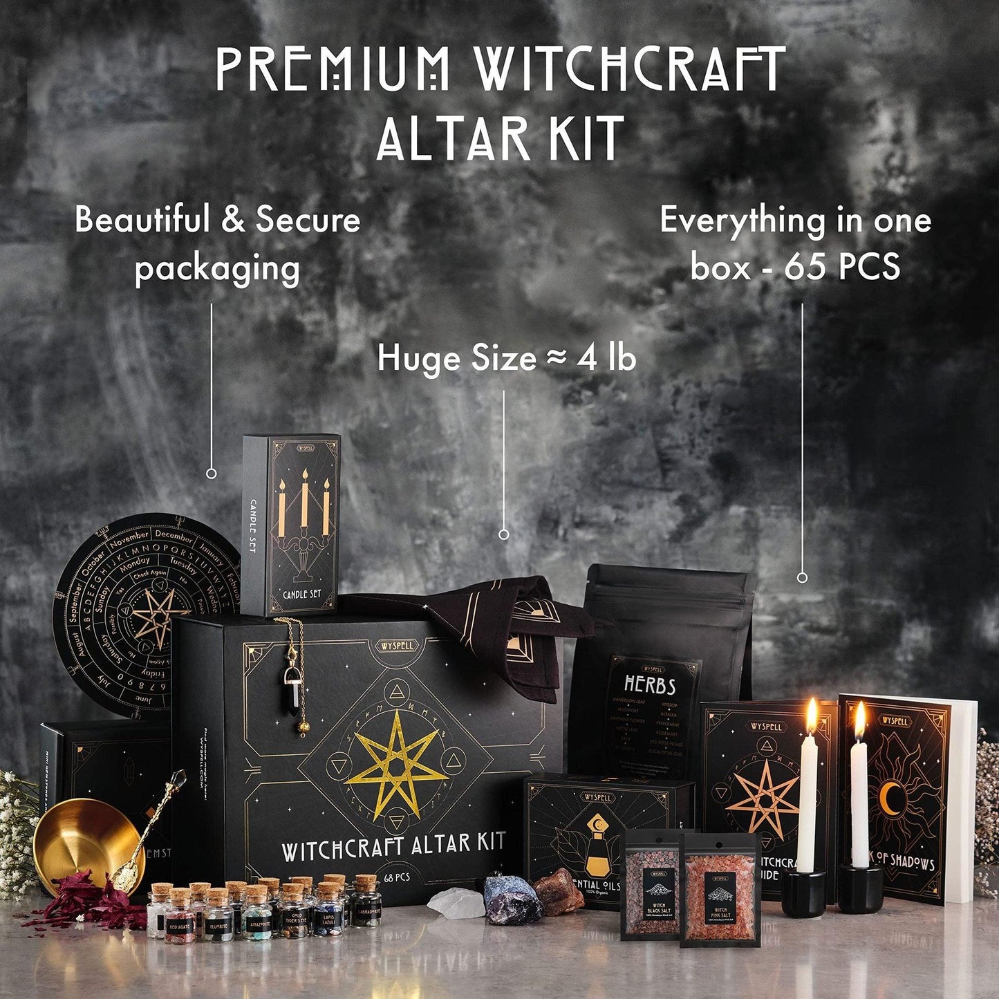 Witchcraft altar kit with various items on a dark background