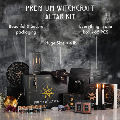 Witchcraft altar kit with various items on a dark background