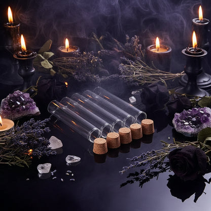 Clear glass tubes with cork stoppers on a black background