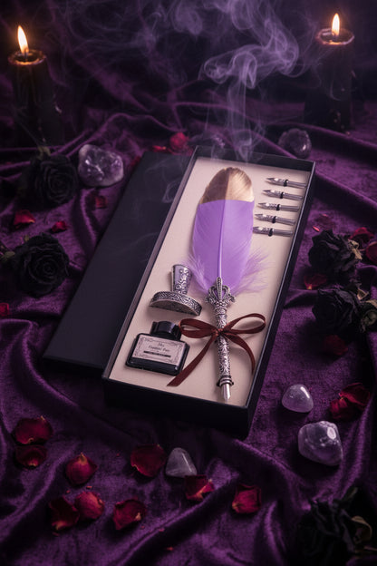 Decorative feather pen set with ink bottle and nibs in a box on a wooden surface.