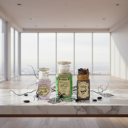 Collection of vintage-style poison bottles with labels on a wooden surface.
