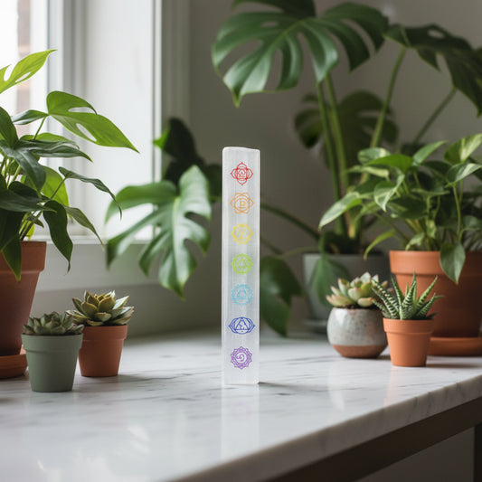 Decorative cylindrical crystal with colorful chakra symbols on a white background