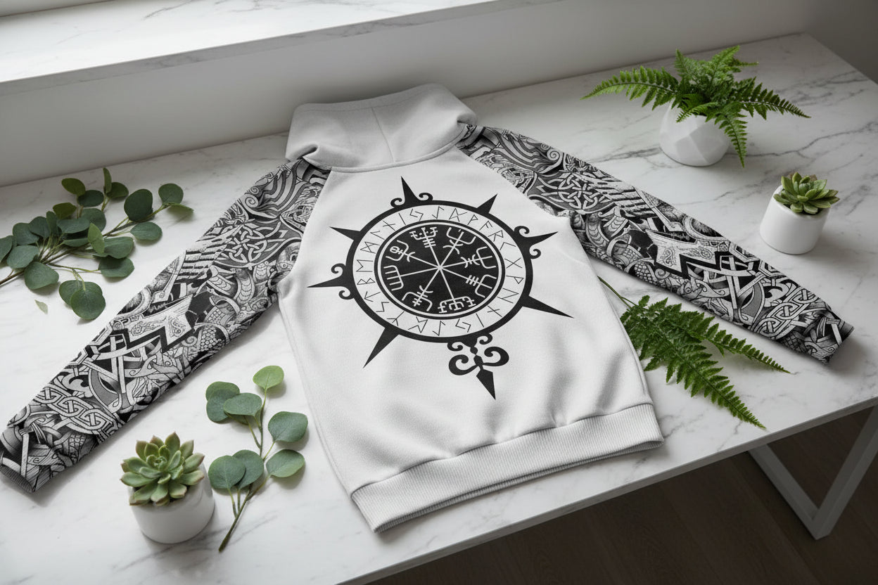 Hoodie with black and white design on a white background