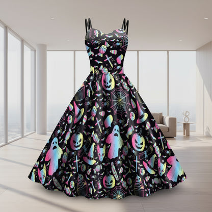 Halloween-themed A-Line Cocktail dress with colorful patterns on a white background
