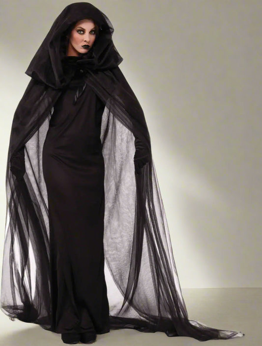 Black hooded cloak with sheer overlay on a white background