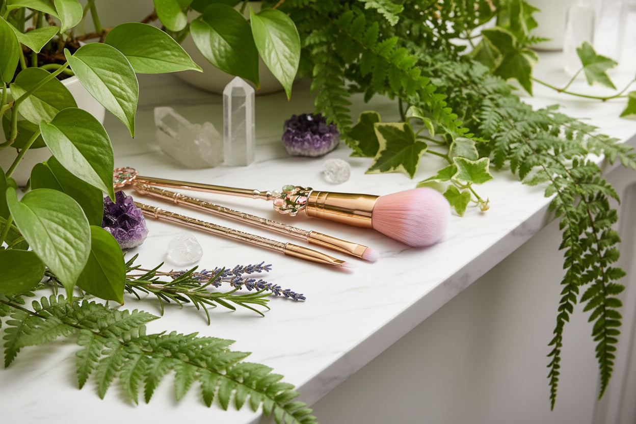 Set of makeup brushes with gold handles on a light pink background