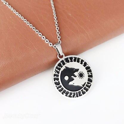 Viking Wolf Head Sun Necklace in Stainless Steel