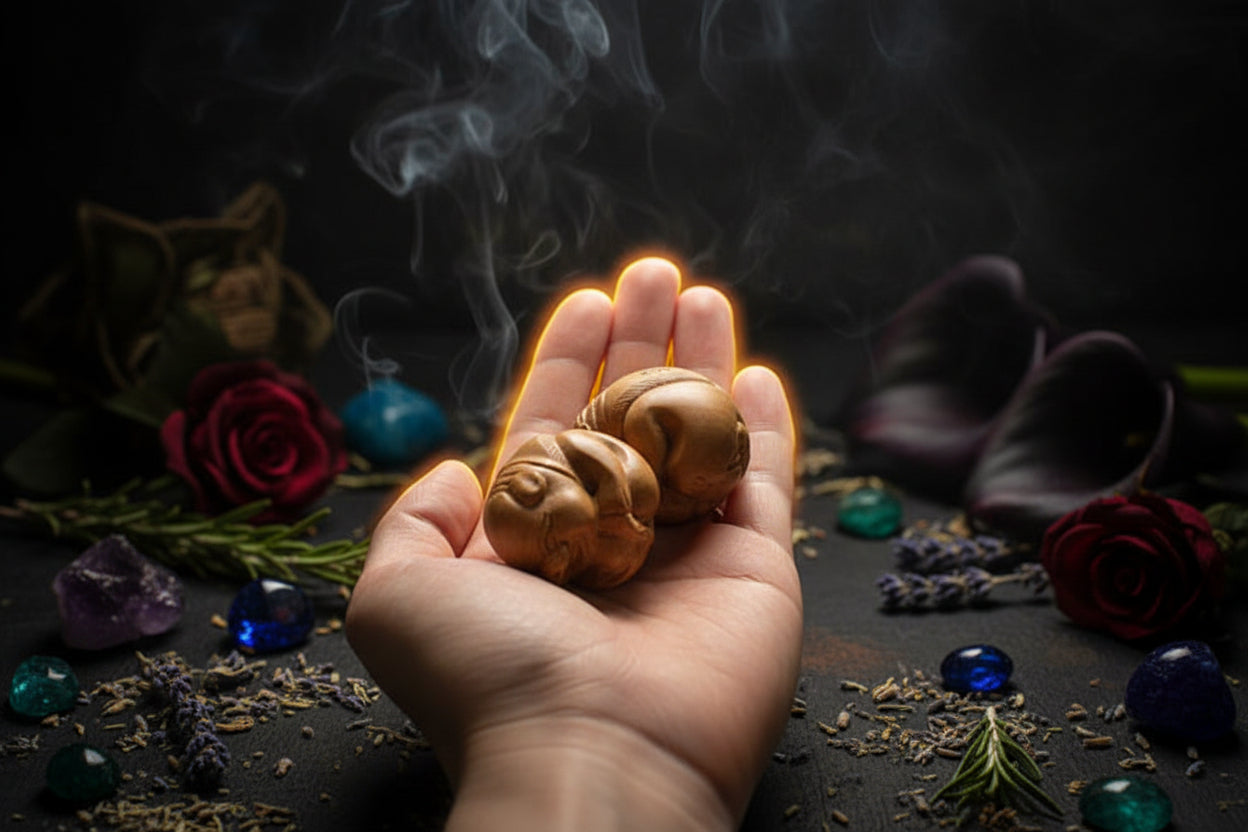 Three chestnuts held in a hand with a blurred floral background