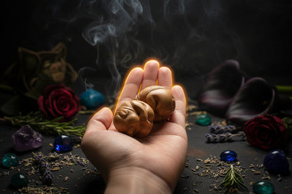 Three chestnuts held in a hand with a blurred floral background
