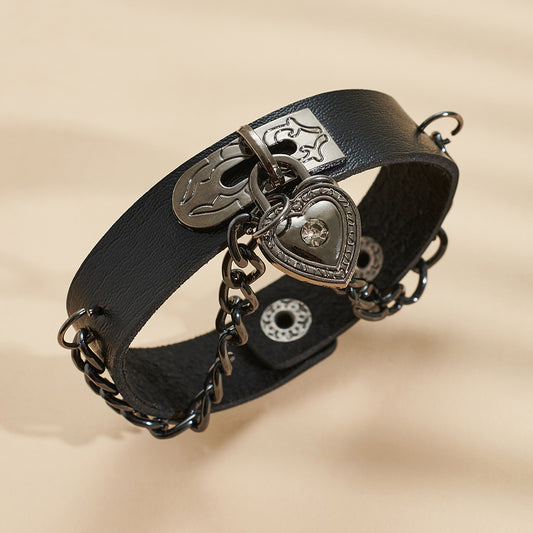 Wiccan Heart-Shaped Lock Link Leather Bracelet