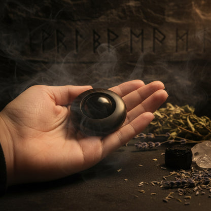 Hand holding a dark wooden object with a reflective surface against a neutral background