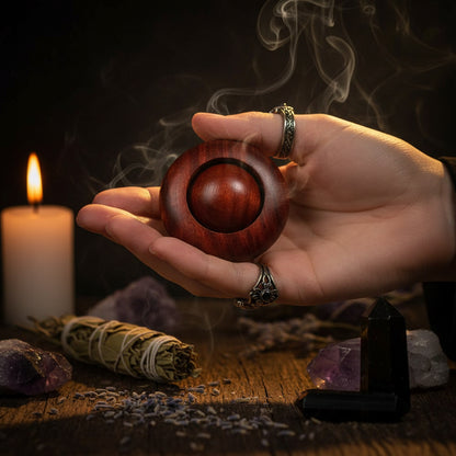Wooden ball held in a hand with a blurred background