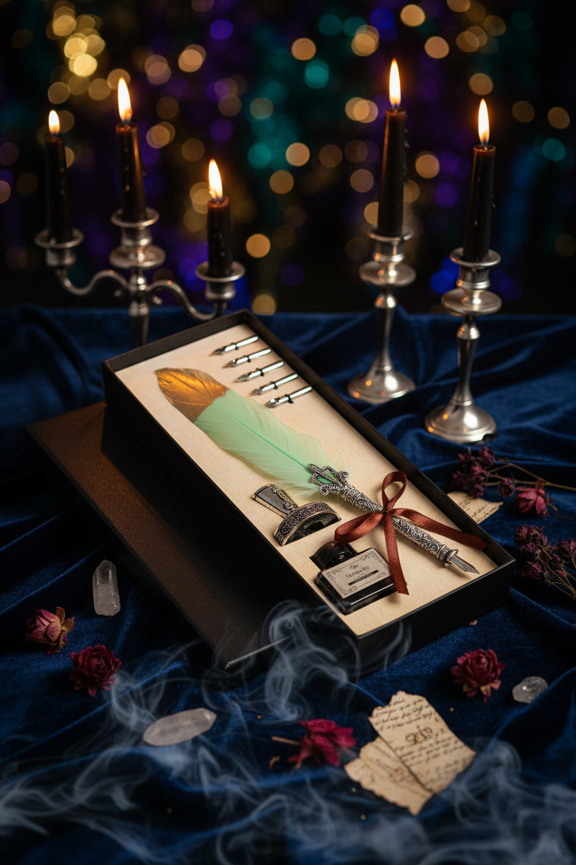 Decorative set with a feather, inkwell, and pen in a box on a wooden surface.