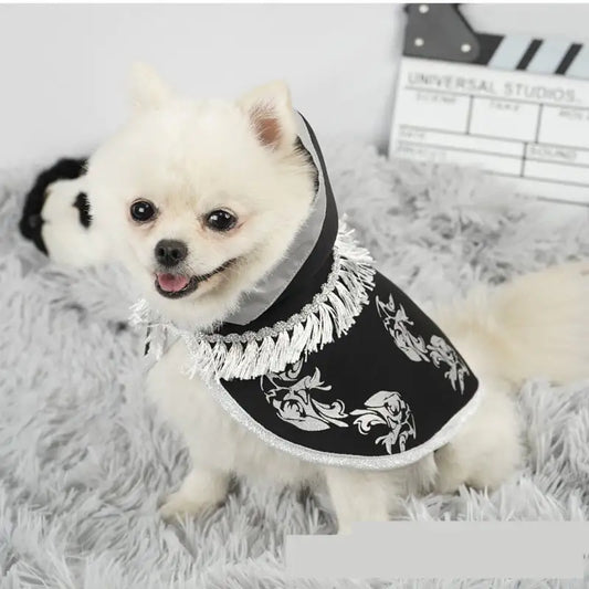 Small white dog wearing a black and white patterned outfit on a fluffy gray surface.