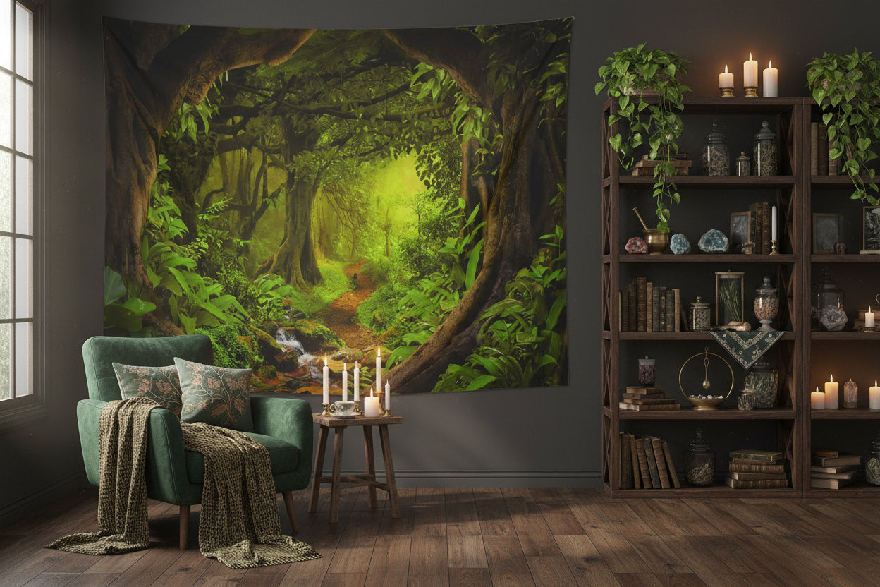 Tapestry depicting a lush green forest with a stream, hanging on a wall above a wooden floor.
