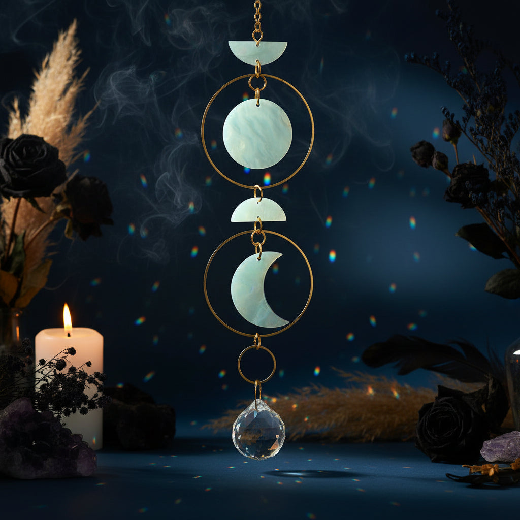 Decorative hanging with moon phases and rainbow折射效果