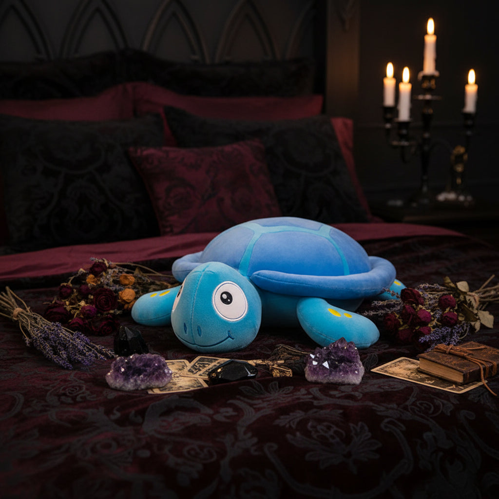 Blue plush turtle toy on a checkered surface with a blurred indoor background
