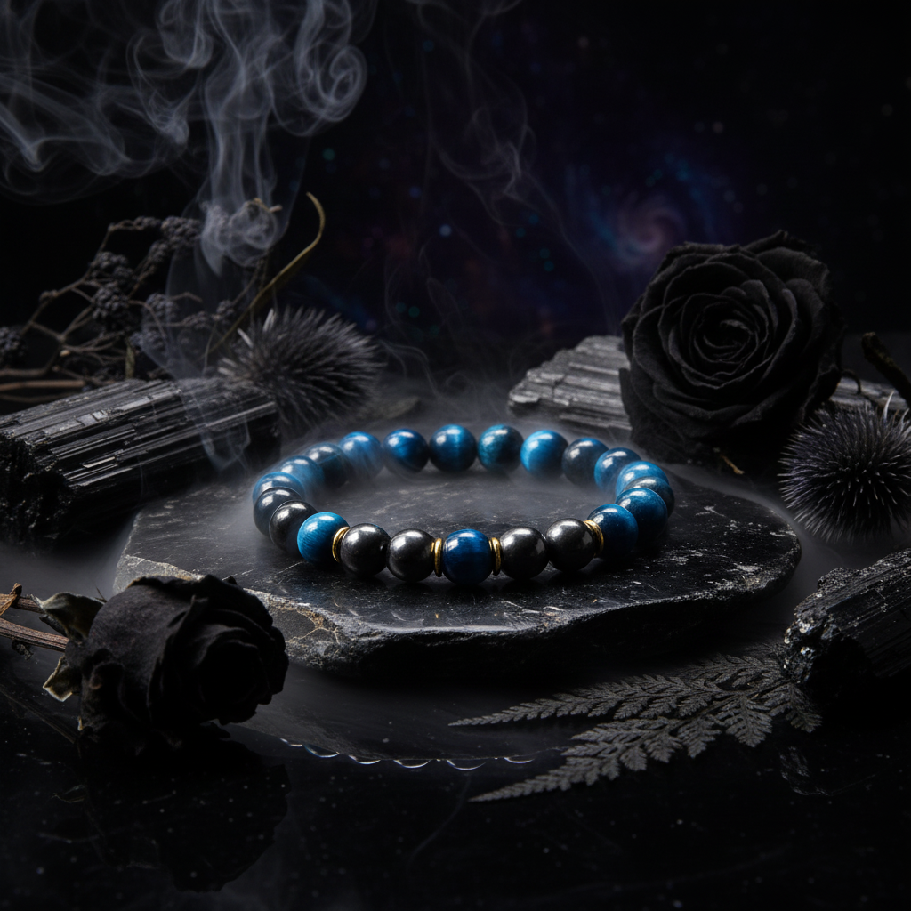 Blue and black beaded bracelet with gold accents on a white background