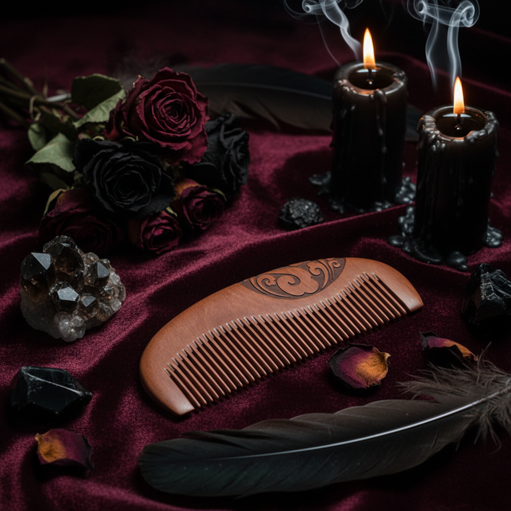 Brown wooden comb with intricate carvings on a textured black surface with a blue tiled background.