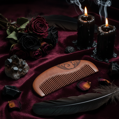 Brown wooden comb with intricate carvings on a textured black surface with a blue tiled background.