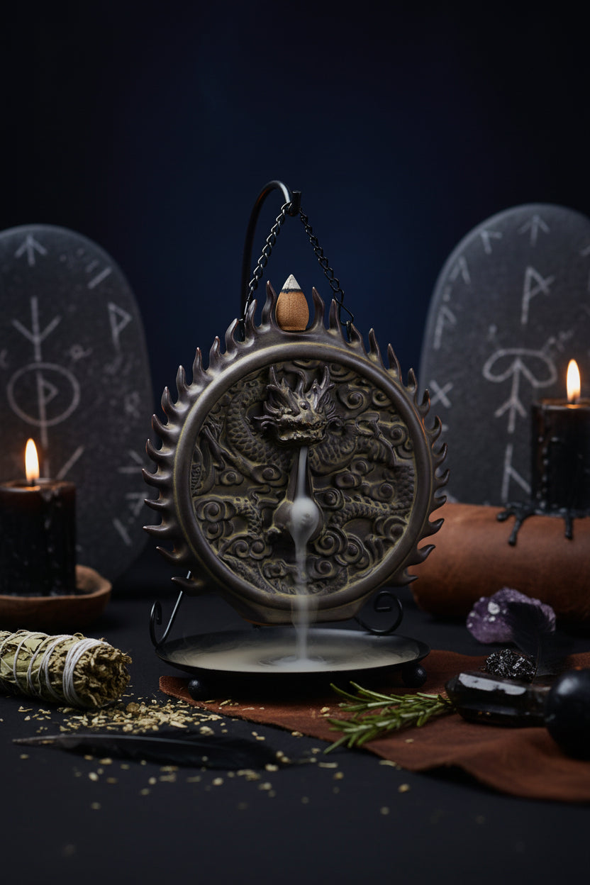 Decorative incense burner with dragon design on a black background