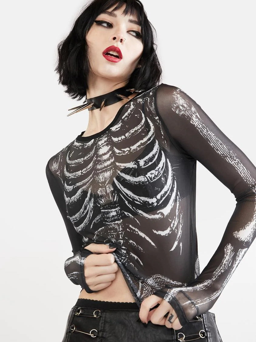 Women's Skull Print Mesh Long Sleeve Crop Top