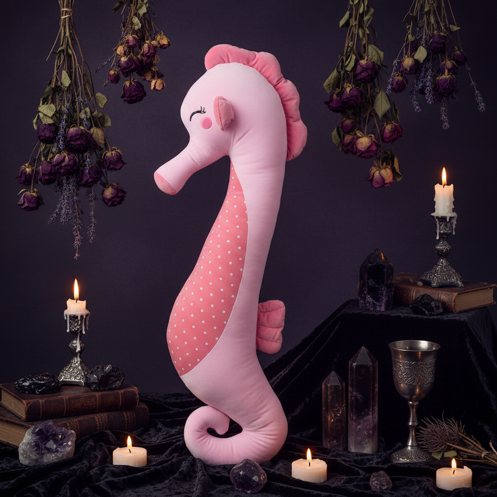 Pink plush seahorse toy on a light wooden floor with a white crib and blue curtains in the background.