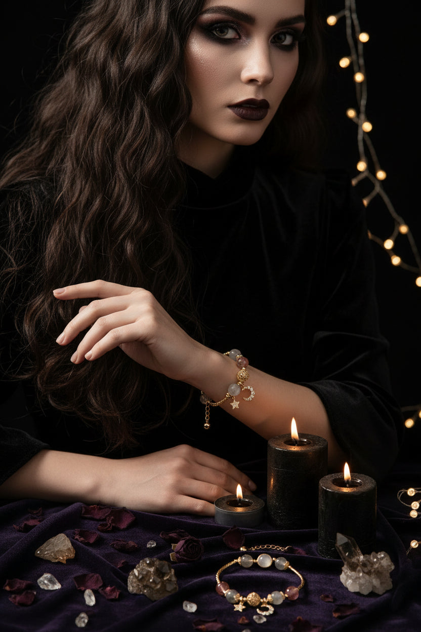 Gold bracelet with gemstones and charms on a beige surface