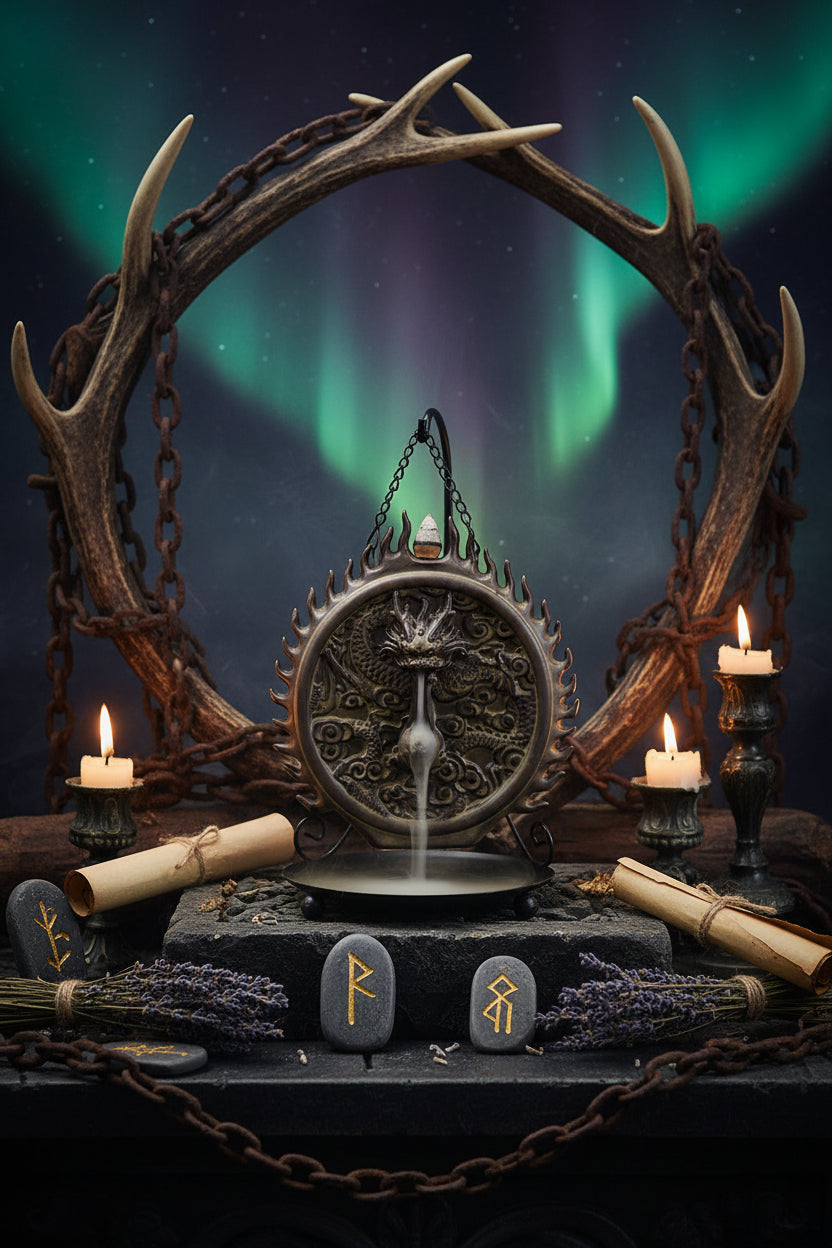 Decorative incense burner with dragon design on a dark background